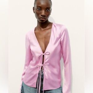 NEW Zara Tie Front Top Satin Blouse Long Sleeve‎ Pink Party Cocktail Small